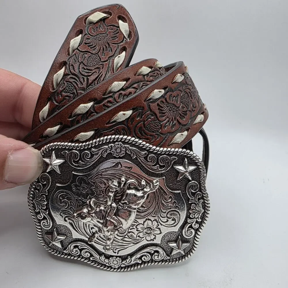 Vintage Nocona Western Tooled Leather Belt Rodeo Cowboy Buckle Brown